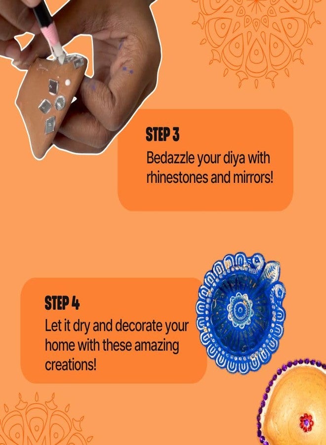 KITSTERS DIY Diya Decoration Kit | Design Diyas for Festivals - Diwali | Poster Paint - Paintbrush - Mirrors - Rhinestones | Gifting Items | Activity Kids & Adults | Detailed Video Workshop Included - Image 4